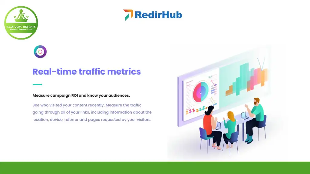 Illustration of three people at a desk viewing data on a large screen, showing charts and graphs. Text reads "Real-time traffic metrics" with a logo in the top corner.