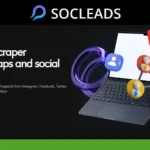 Discover Socleads' powerful email scraper, perfect for seamless lead generation from social media and maps. Our promotional graphic features a sleek laptop alongside iconic social media symbols. Enjoy a risk-free trial with no credit card needed.