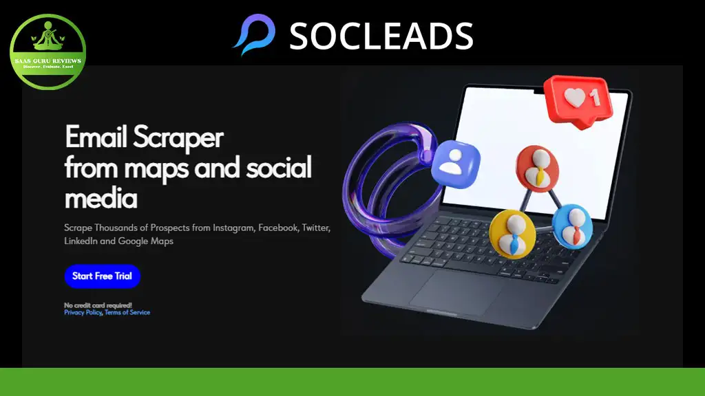 Discover Socleads' powerful email scraper, perfect for seamless lead generation from social media and maps. Our promotional graphic features a sleek laptop alongside iconic social media symbols. Enjoy a risk-free trial with no credit card needed.