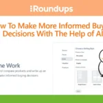 Screenshot of a webpage titled "How To Make More Informed Buying Decisions With The Help of AI," featuring tools for automated writing and content layout options.