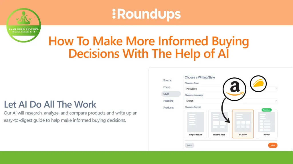 Screenshot of a webpage titled "How To Make More Informed Buying Decisions With The Help of AI," featuring tools for automated writing and content layout options.