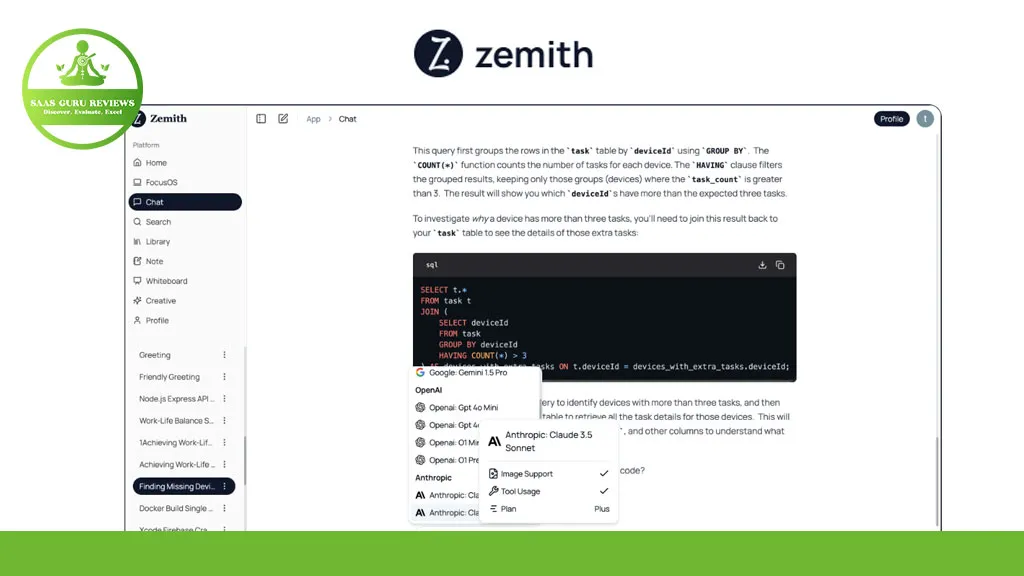 Screenshot of a dashboard interface with a SQL query displayed, showing task statistics. The left sidebar lists options like "Channels" and "Tasks" under the label "Zemith.