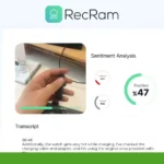 A hand adjusting a smartwatch on a charger is shown. The screen displays an automated sentiment analysis with 47% positivity and a transcript excerpt. A logo for "B.L.S. OUR REVIEWS" is in the corner, seamlessly integrating Recram's technology.