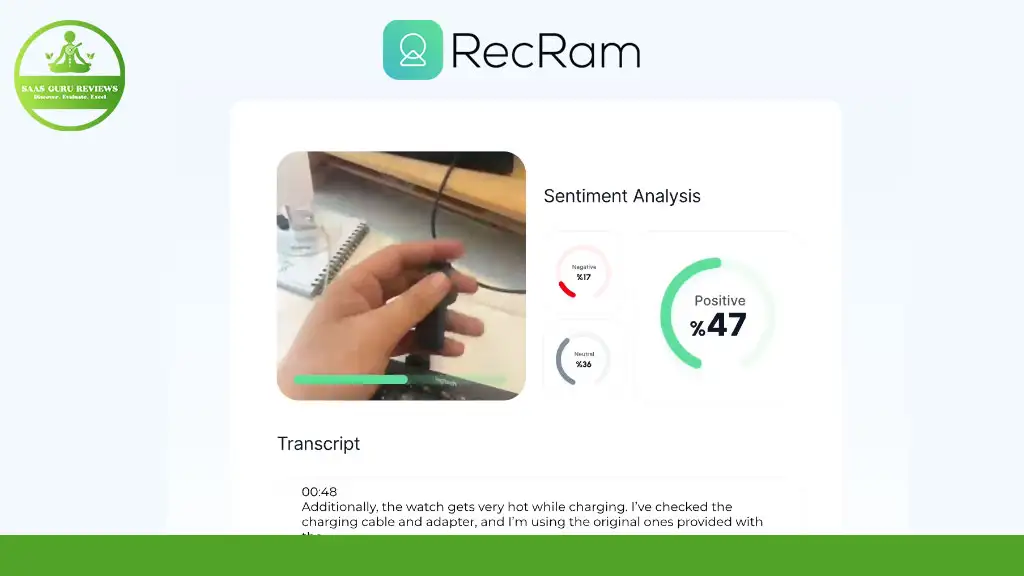 A hand adjusting a smartwatch on a charger is shown. The screen displays an automated sentiment analysis with 47% positivity and a transcript excerpt. A logo for "B.L.S. OUR REVIEWS" is in the corner, seamlessly integrating Recram's technology.