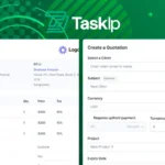 A split-screen image showing an invoice on the left and a quotation form on the right, with a green background and "Tasklp" text at the top.