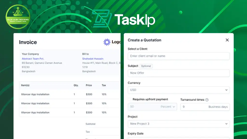 A split-screen image showing an invoice on the left and a quotation form on the right, with a green background and "Tasklp" text at the top.