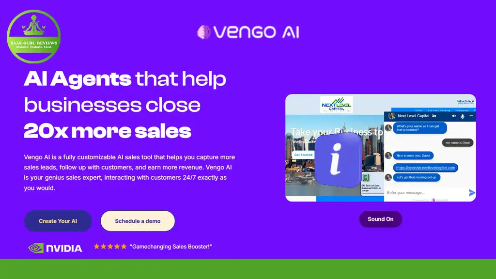 Promotional image for Vengo AI featuring AI sales agents and customer interaction. Text highlights a 20x sales increase. Includes logos for Vengo AI, S.I.N.C. Club, and NVIDIA, with demo and sound buttons.