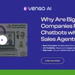 Vengo AI webpage highlighting benefits of AI sales agents over chatbots. Includes a video, points on boosting conversions, 24/7 availability, and sales lead generation. Button: "Create Your AI Now".