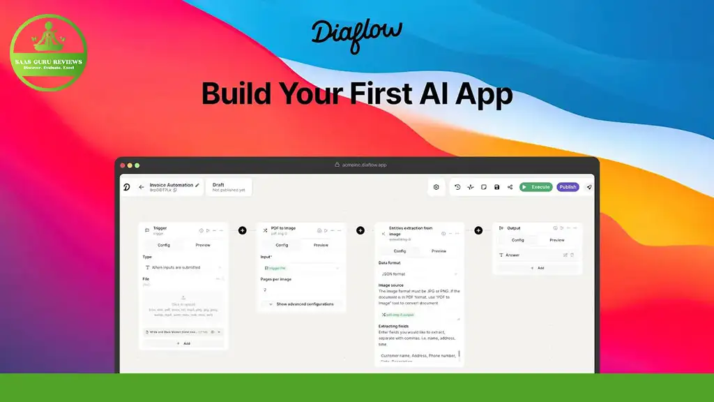 Screenshot of the Diaflow interface featuring "Build Your First AI App" on a colorful background, with a green logo in the top left corner. Discover this innovative GenAI tool, setting the stage for 2025’s app development.