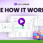 AgencyHandy dashboard screenshots with charts and data, play button in the center, and icons for web domains and coins under the headline "See How It Works"—discover powerful client portal software with an exclusive lifetime deal.