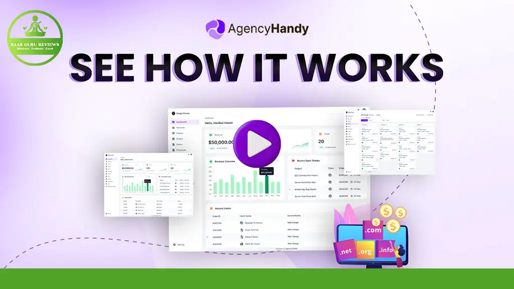 AgencyHandy dashboard screenshots with charts and data, play button in the center, and icons for web domains and coins under the headline "See How It Works"—discover powerful client portal software with an exclusive lifetime deal.