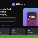 Screenshot of Bika.ai’s website showcasing features for automating bulk email and messaging, with sections for Email IMAP, Open Rate, Daily Delivery, and a live demo highlighting powerful AI automation.