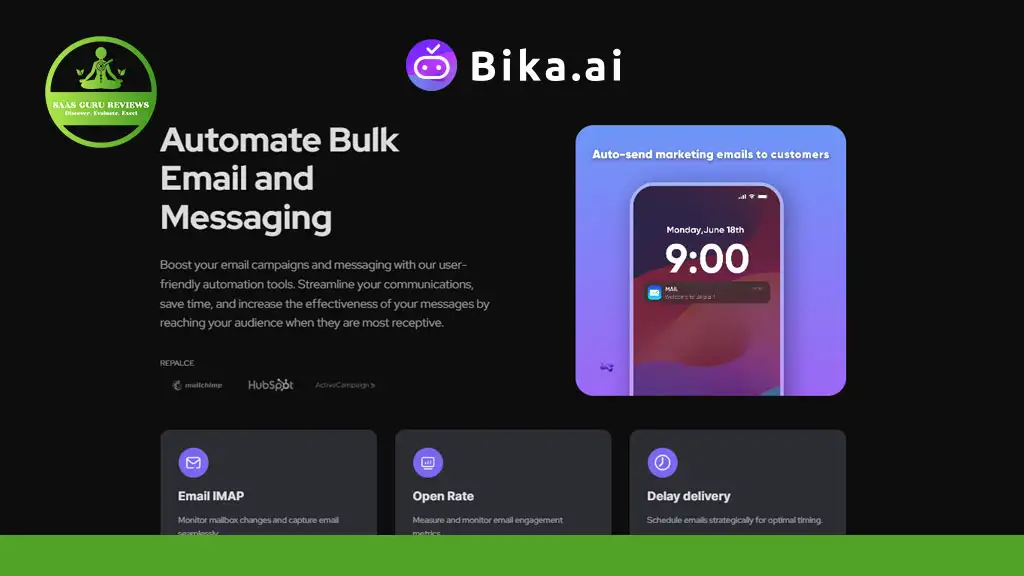 Screenshot of Bika.ai’s website showcasing features for automating bulk email and messaging, with sections for Email IMAP, Open Rate, Daily Delivery, and a live demo highlighting powerful AI automation.