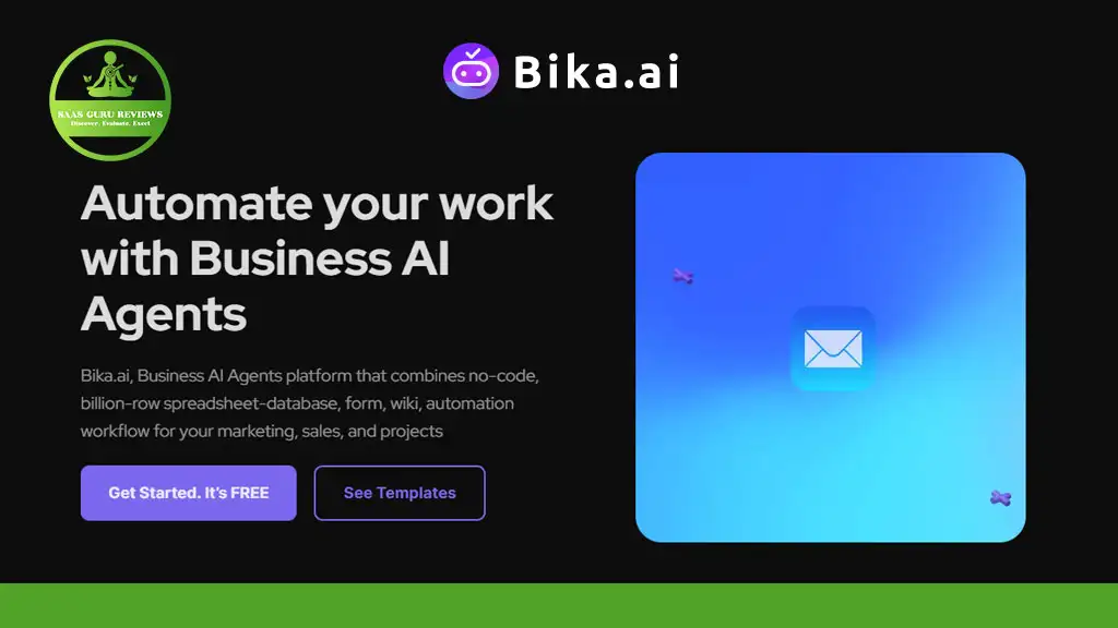 Screenshot of Bika.ai website homepage promoting Business AI Agents with options to get started for free or explore templates. A blue graphic with an email icon appears on the right, highlighting AI automation and transparent pricing.
