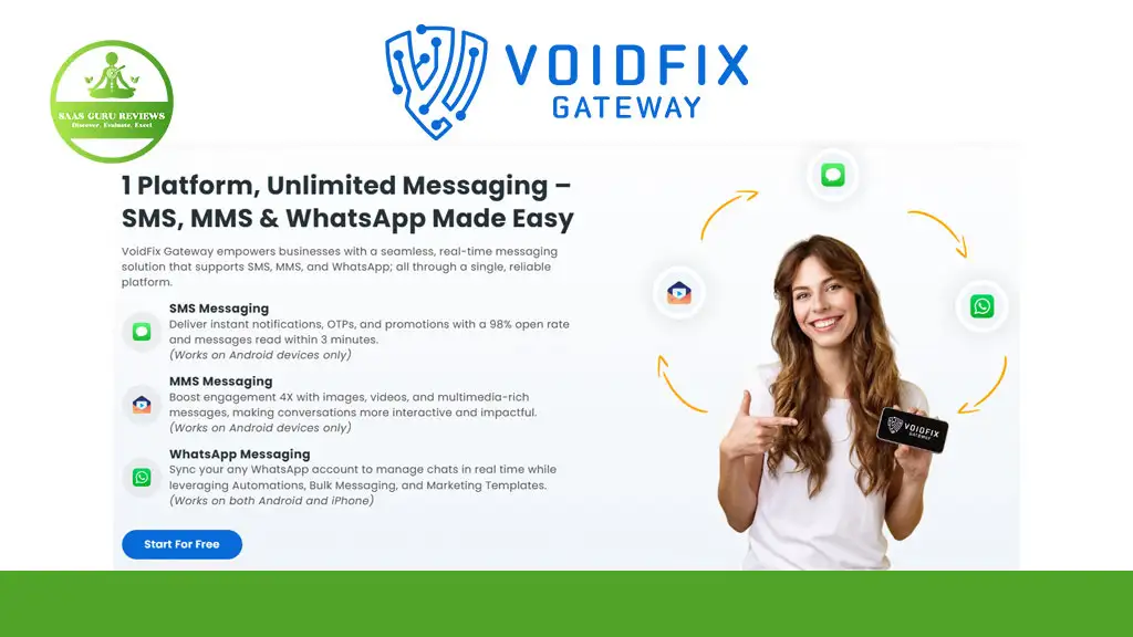 A woman holds a phone displaying "VOIDFIX" next to platform logos, highlighting VoidFix Gateway’s multichannel messaging services—SMS, MMS, WhatsApp—on a clean white and green background. Discover the power of the VoidFix Multichannel Messaging experience.