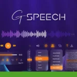 A digital interface displays audio playback controls, a waveform, language options, and text settings under the title "G Speech" on a dark purple background—showcasing the power of the GSpeech TTS WordPress Plugin.