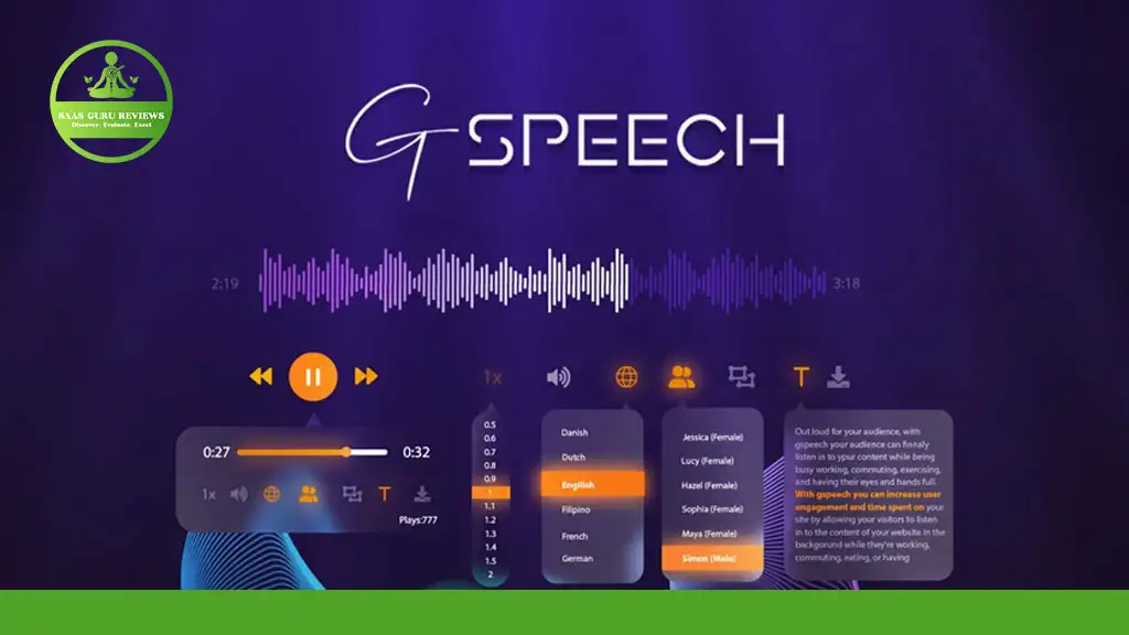 A digital interface displays audio playback controls, a waveform, language options, and text settings under the title "G Speech" on a dark purple background—showcasing the power of the GSpeech TTS WordPress Plugin.