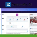 Screenshot of the Expansify AI dashboard displaying social media management tools, with posts from Instagram and Facebook visible on the right side of the interface.