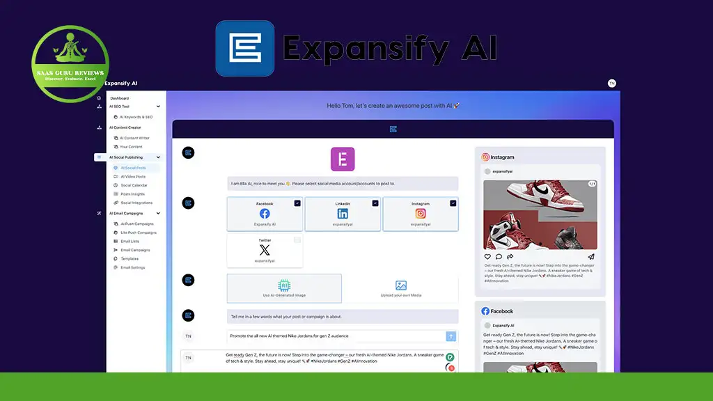 Screenshot of the Expansify AI dashboard displaying social media management tools, with posts from Instagram and Facebook visible on the right side of the interface.