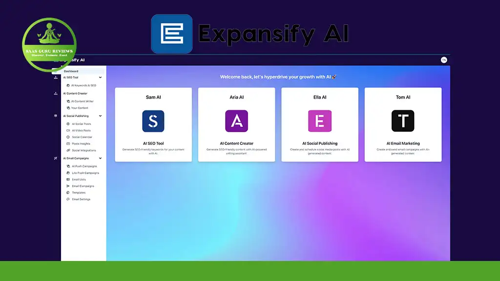 A screenshot of the Expansify AI dashboard shows four AI tools: Sam AI, Ada AI, Ella AI, and Tom AI, each with its respective function, on a gradient blue and purple background.