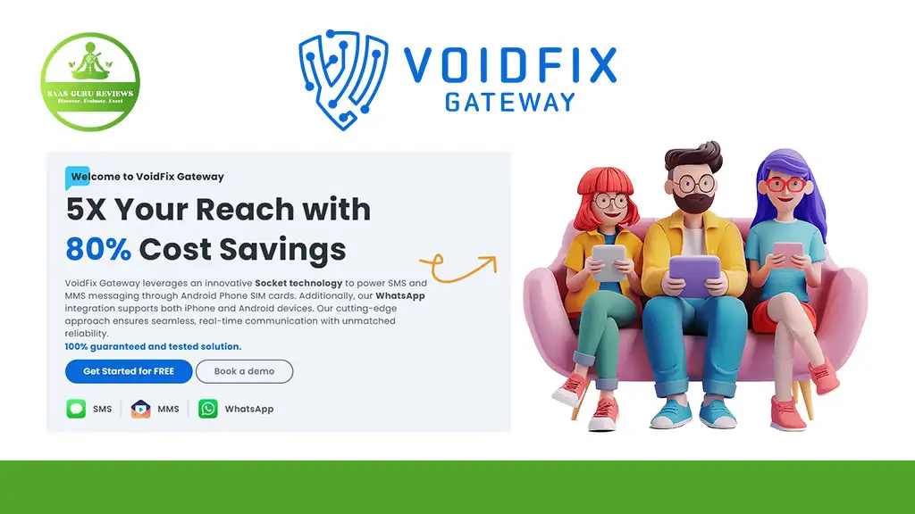 A promotional graphic for VoidFix Messaging Platform displays a tagline about 5X reach and 80% cost savings, with three illustrated characters and various messaging app icons.