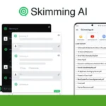 A promotional graphic for Skimming AI shows chat interfaces on two devices, highlighting its AI Document Summarizer capability, with the Skimming AI logo and branding visible at the top.