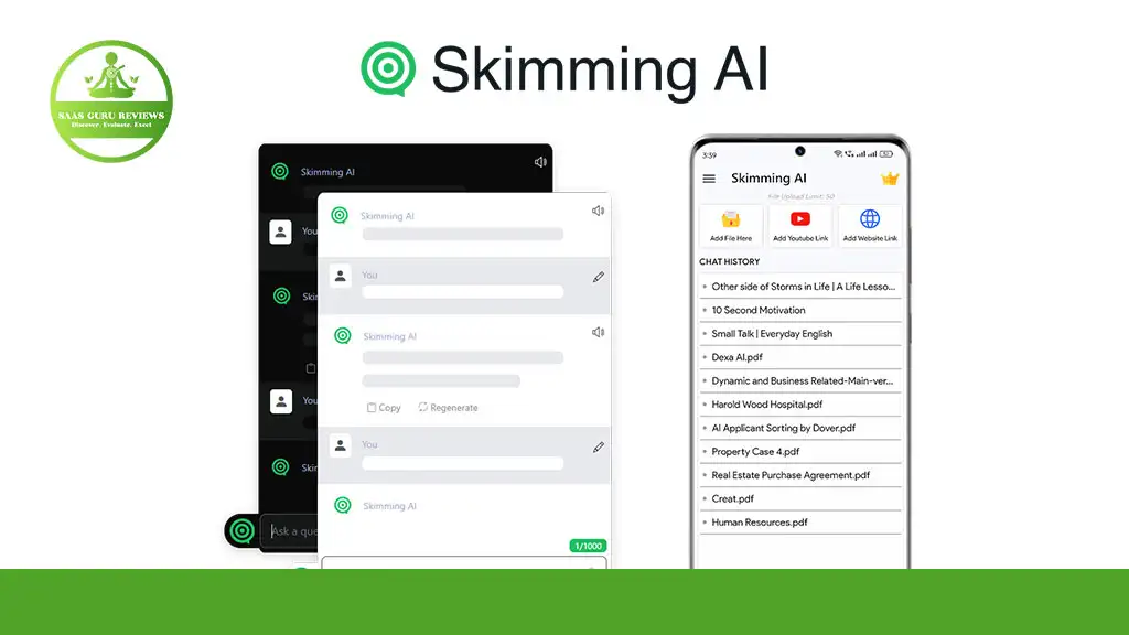 A promotional graphic for Skimming AI shows chat interfaces on two devices, highlighting its AI Document Summarizer capability, with the Skimming AI logo and branding visible at the top.