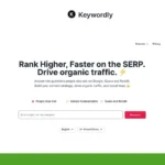 Screenshot of the Keywordly website homepage highlighting its SEO tools for improving search rankings, with a search bar and navigation options for features, pricing, and login.