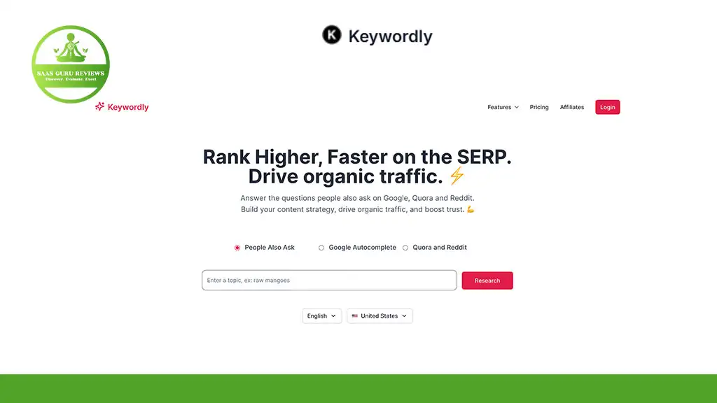 Screenshot of the Keywordly website homepage highlighting its SEO tools for improving search rankings, with a search bar and navigation options for features, pricing, and login.