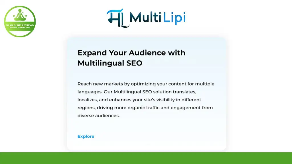 A website section for MultiLipi featuring a headline about multilingual SEO and translation, descriptive text, and a blue "Explore" link. Multilipi logos are visible at the top and in the corner.