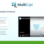 Screenshot of the MultiLipi website section highlighting translation products, SEO-friendly text descriptions, and a video demo, with the MultiLipi logo displayed at the top.