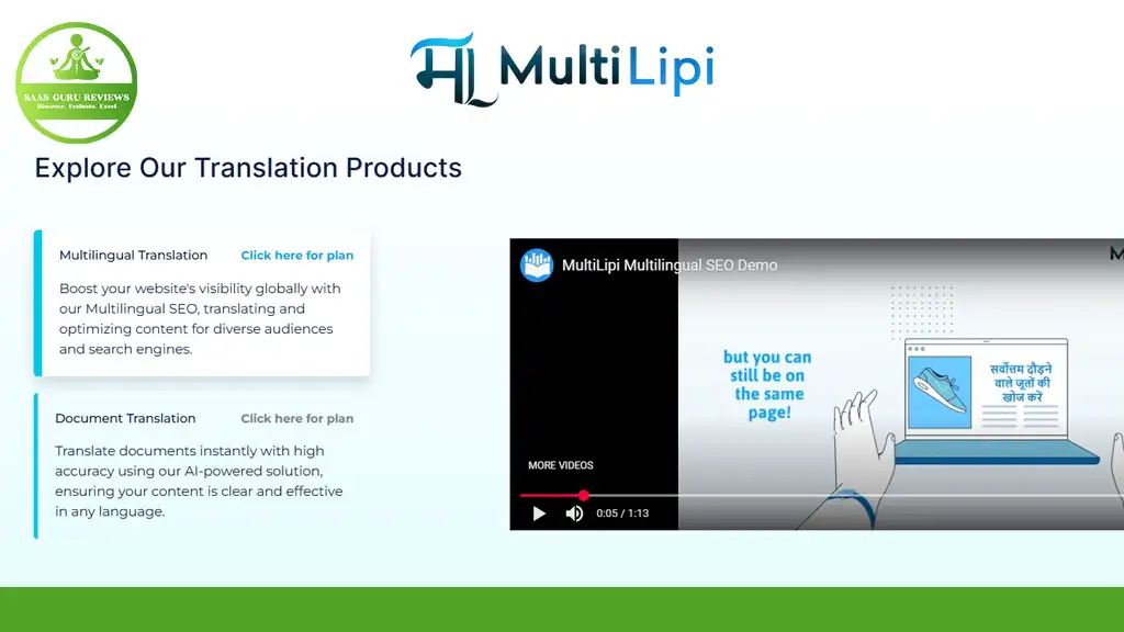 Screenshot of the MultiLipi website section highlighting translation products, SEO-friendly text descriptions, and a video demo, with the MultiLipi logo displayed at the top.