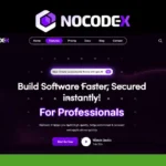 Screenshot of the NoCode-X website homepage featuring navigation links, a purple logo, and text promoting premium security and fast, secure building of no-code web apps for professionals.