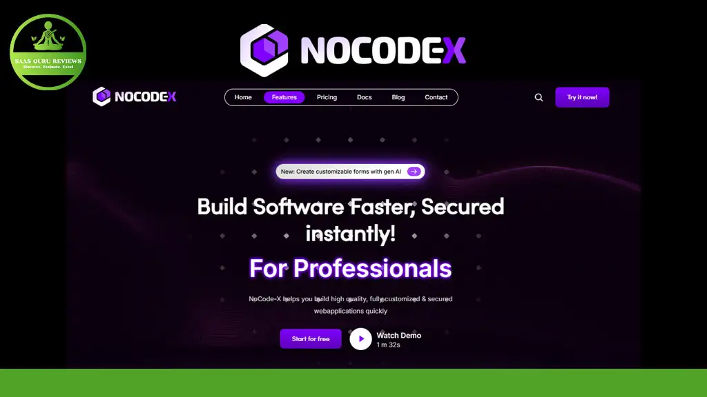 Screenshot of the NoCode-X website homepage featuring navigation links, a purple logo, and text promoting premium security and fast, secure building of no-code web apps for professionals.