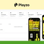 A screenshot shows Playzo game analytics with stats and a leads table on the left, and two mobile phones displaying the Playzo game interface on the right.