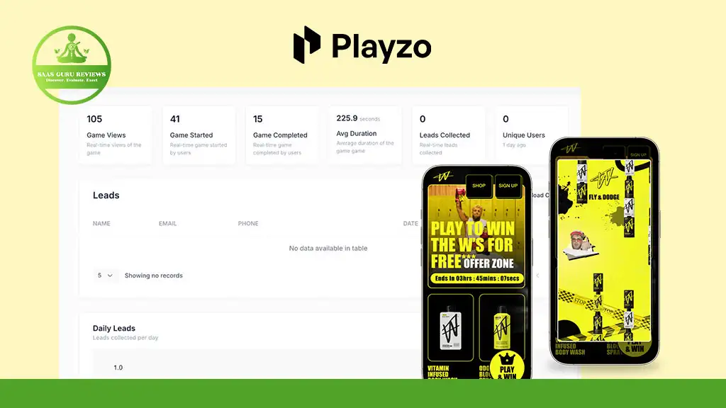 A screenshot shows Playzo game analytics with stats and a leads table on the left, and two mobile phones displaying the Playzo game interface on the right.