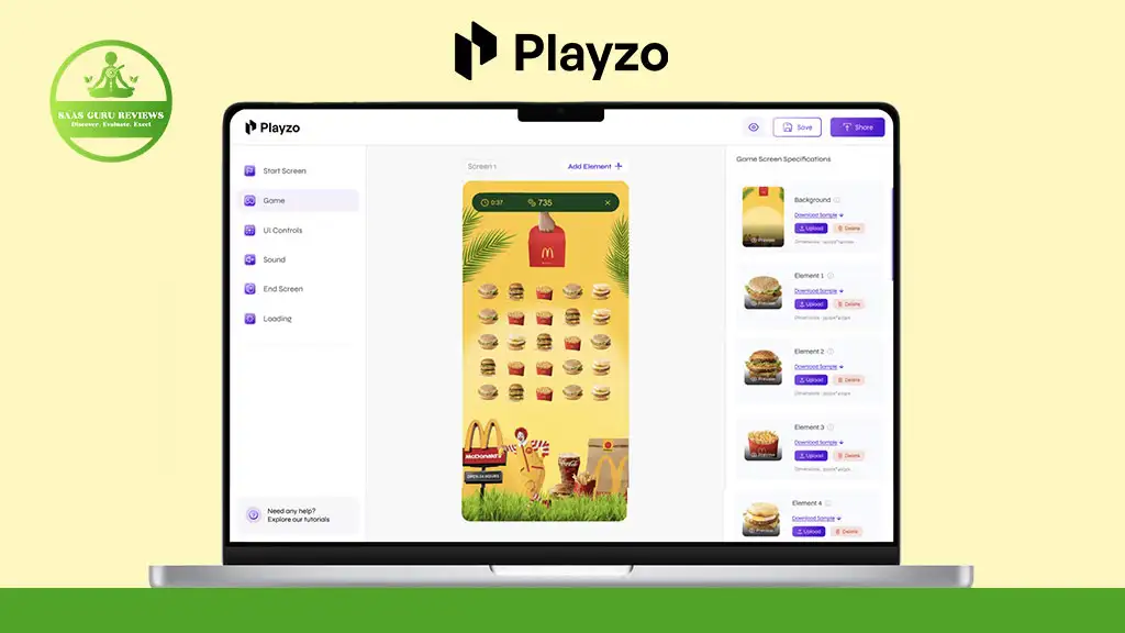 A laptop displays the Playzo platform with a McDonald's-themed game interface and a menu sidebar on the left.