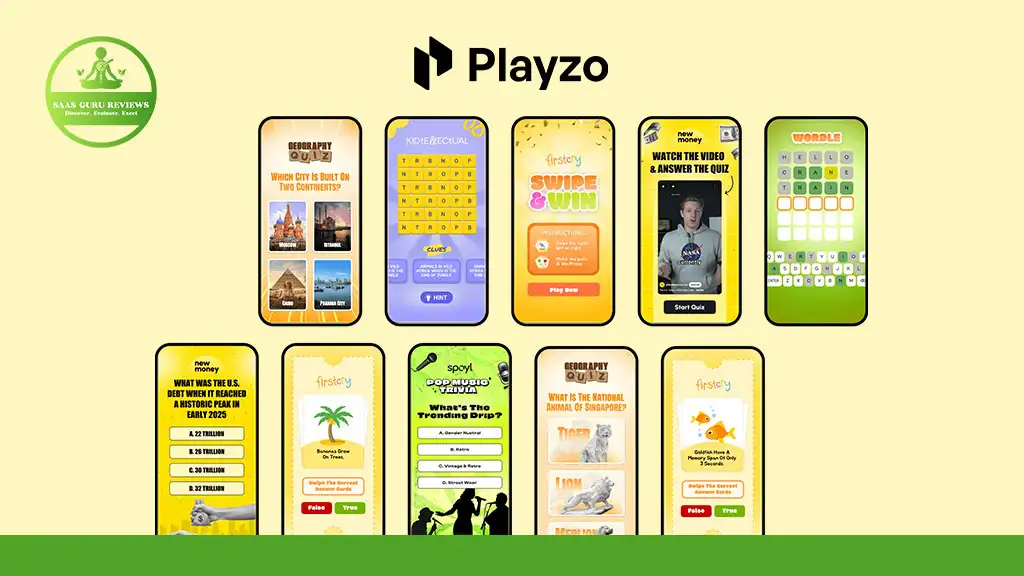 A collection of mobile game interface screenshots displayed in two rows, with the Playzo logo and a green award badge at the top.