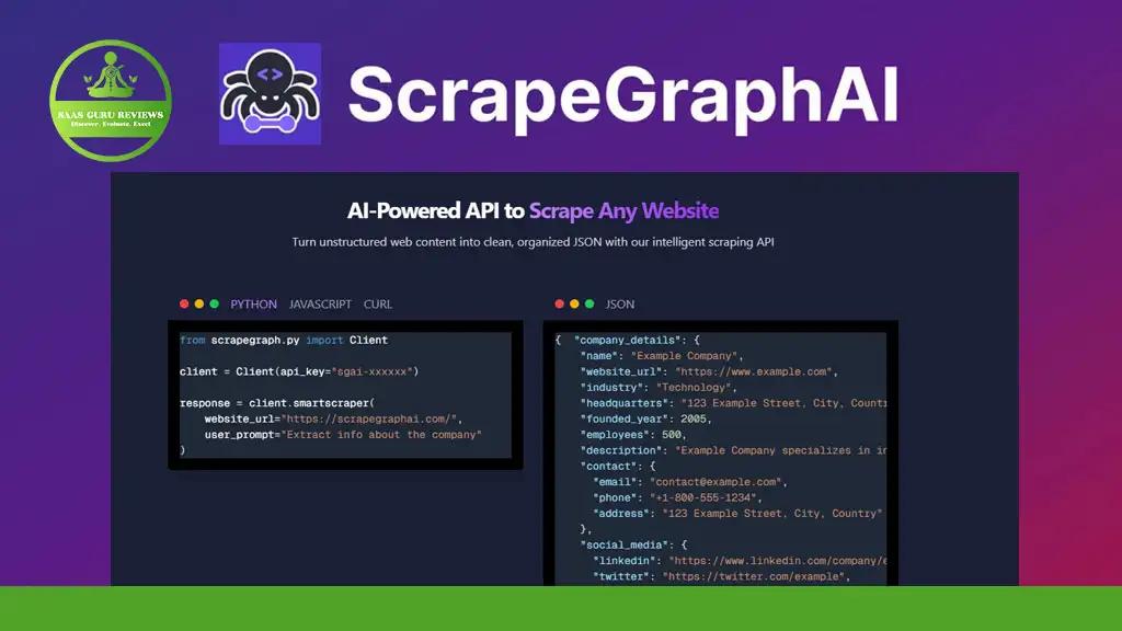 Screenshot of the ScrapeGraphAI website, showing its logo, description as an AI-powered website scraping API, and example code snippets in Python.