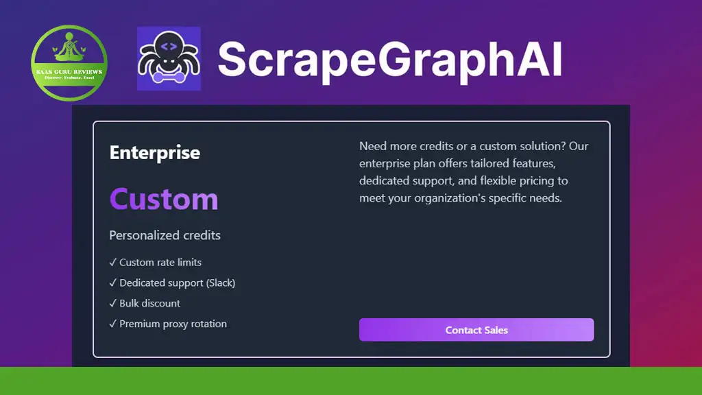 Screenshot of the ScrapeGraphAI Enterprise Custom plan, highlighting personalized credits, bulk discount, premium proxy rotation, and a "Contact Sales" button on a purple and green background.