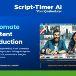 Screenshot of a website promoting Script-Timer AI for automated content production, featuring an illustrated man and woman at a desk with creative elements around them.