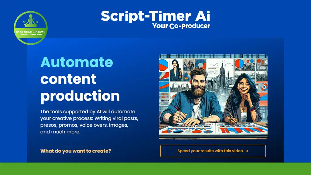 Screenshot of a website promoting Script-Timer AI for automated content production, featuring an illustrated man and woman at a desk with creative elements around them.