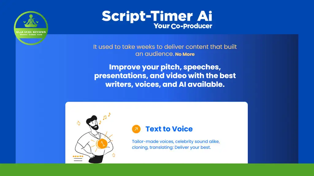 A website section for Script-Timer AI highlights features like text to voice, promising improved content creation with custom voices and quicker delivery.