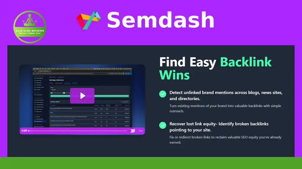 Screenshot of the Semdash website showing features for finding backlink opportunities, including detecting unlinked brand mentions and recovering lost link equity.