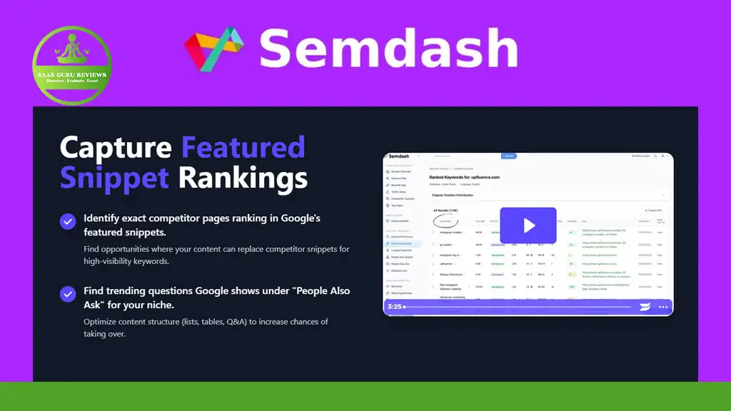 A digital graphic for Semdash highlights featured snippet ranking tools, with text, icons, and a screenshot of the platform’s dashboard on a purple and black background.