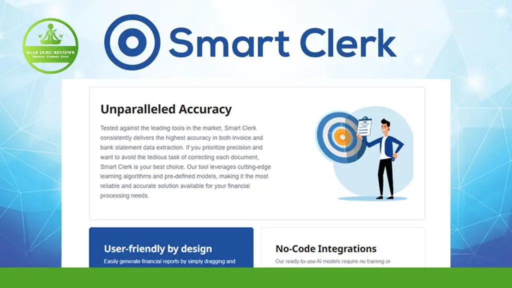 Screenshot of the Smart Clerk website highlighting its features, including unparalleled accuracy, user-friendly design, and no-code integrations. The BABA GURU REVIEWS logo appears in the top left corner.