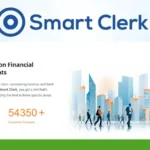 Smart Clerk webpage displaying company logo, tagline, and a summary of services with statistics: 250+ happy customers and 54,350+ documents processed, alongside a cityscape illustration.