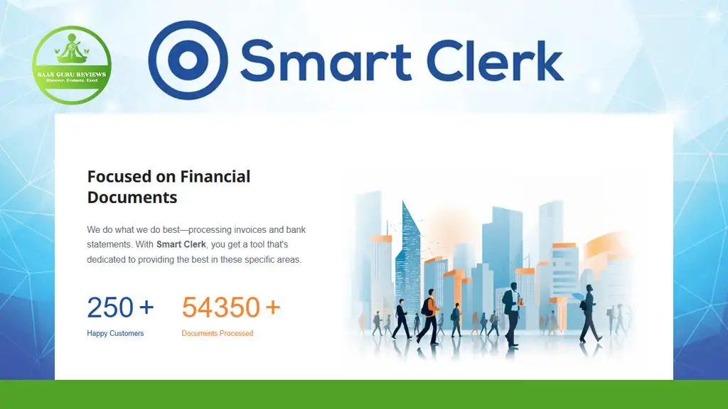 Smart Clerk webpage displaying company logo, tagline, and a summary of services with statistics: 250+ happy customers and 54,350+ documents processed, alongside a cityscape illustration.