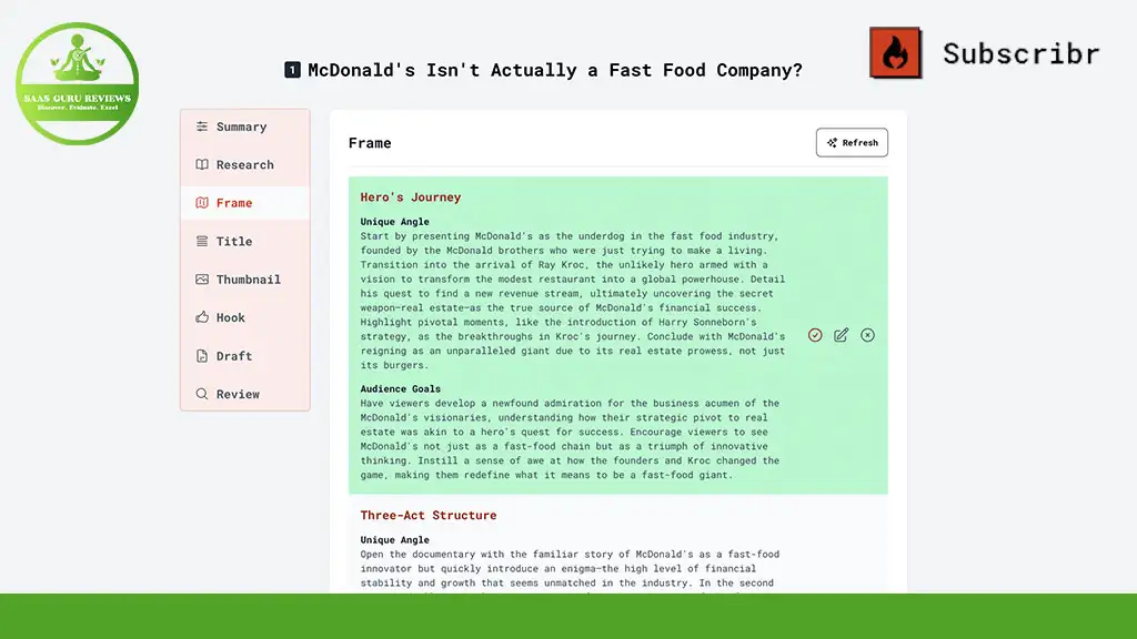 Screenshot of a writing platform using AI to organize an outline titled "McDonald's Isn't Actually a Fast Food Company?" with sections like Summary, Research, and Frame—perfect for crafting viral YouTube scripts and powerful hook subscribers.