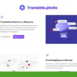 Screenshot of the Translate.photo website featuring sections on Translation Memory & Glossary, a visual language map, and Proofreading as a Service, with a SaaS Guru Reviews badge.